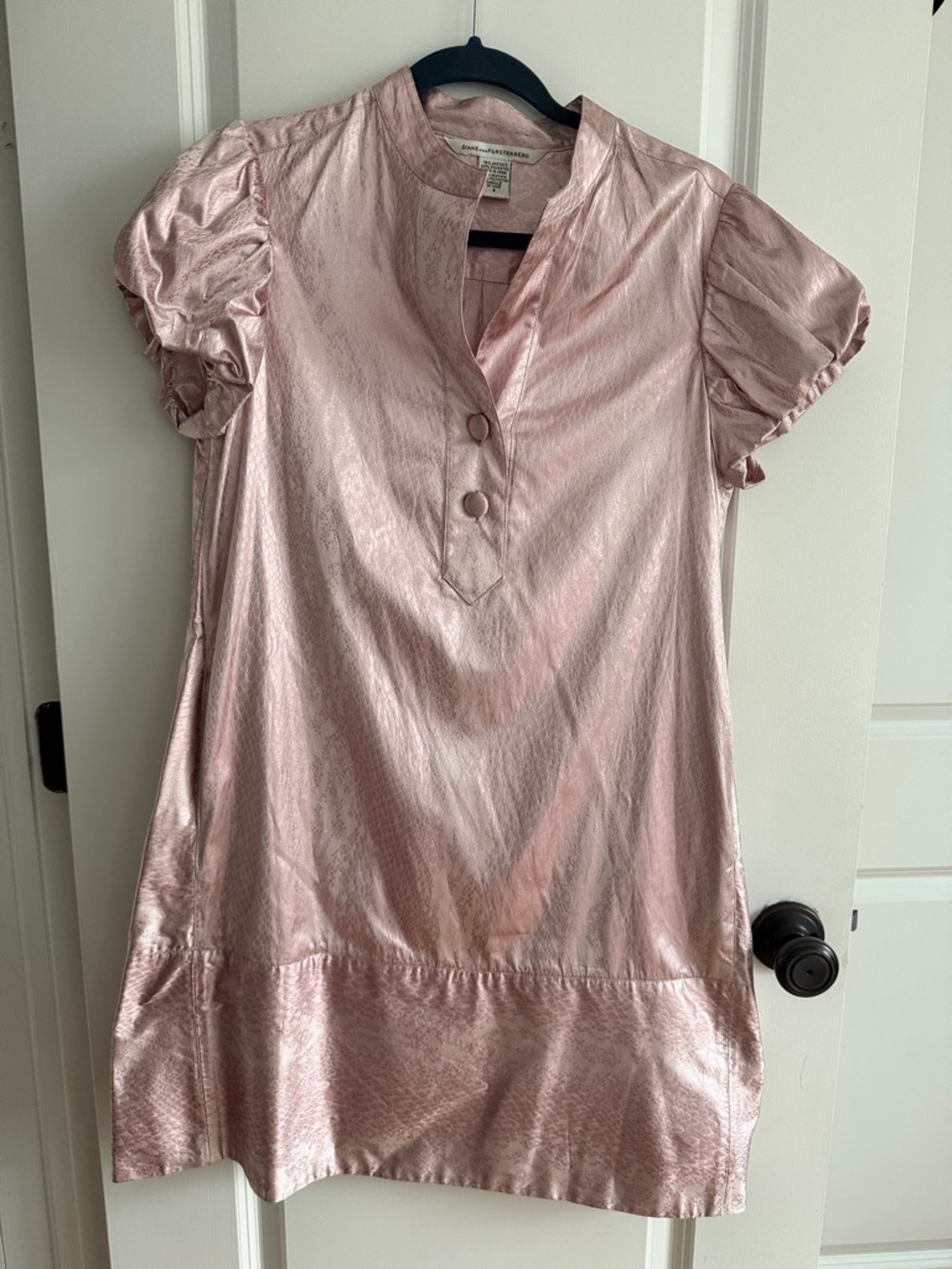 Diane von Furstenberg Pink Metallic Satin dress 
Snakeskin print